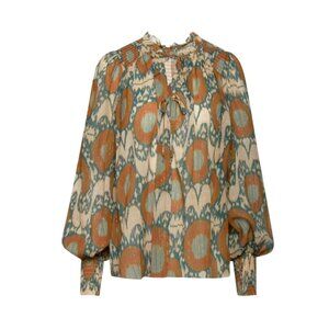 Ulla Johnson Anita Printed Top Blouse Womens 10  Nimbus Orange Teal Long Sleeve